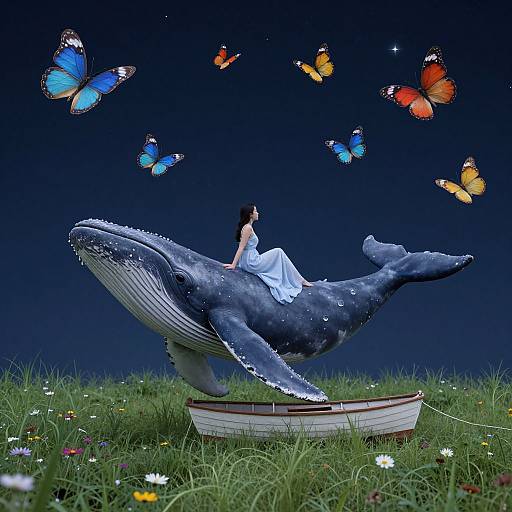 Photograph of a woman in a white dress sitting on a giant blue whale, surrounded by colorful butterflies, on a grassy field with flowers, under