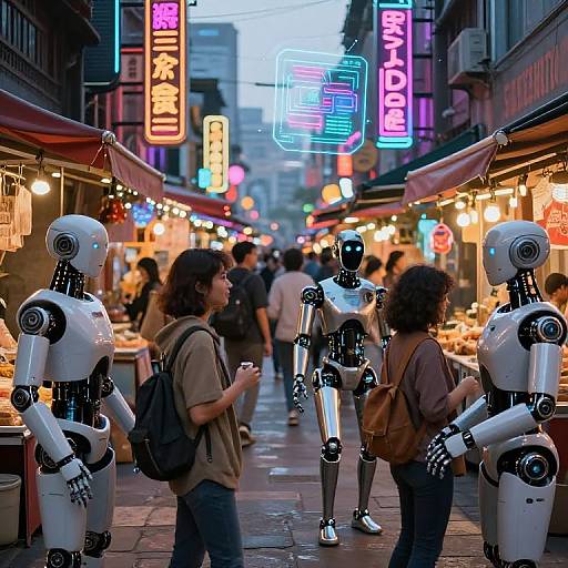 Photograph of a neon-lit, bustling street market with humanoid robots standing among shoppers, colorful signs, and vendor stalls illuminated at dusk.