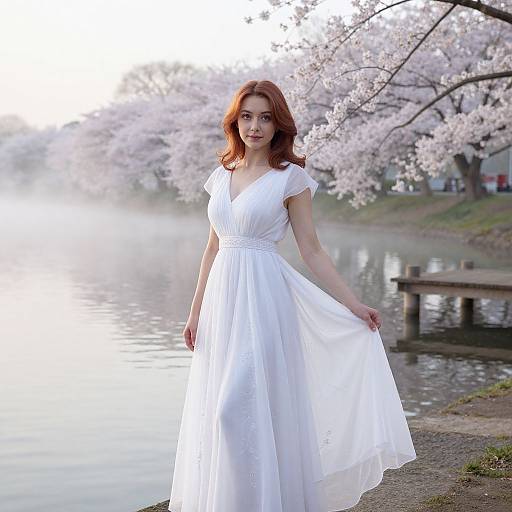 Photograph of a red-haired woman in a flowing white dress standing by a misty cherry blossom-filled lake, holding her skirt.