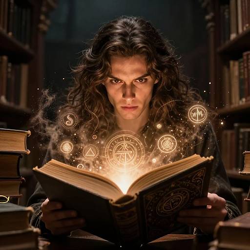 Photograph of a long-haired, intense-looking man with dark, wavy hair, reading an illuminated, magical book surrounded by glowing, mystical symbols in