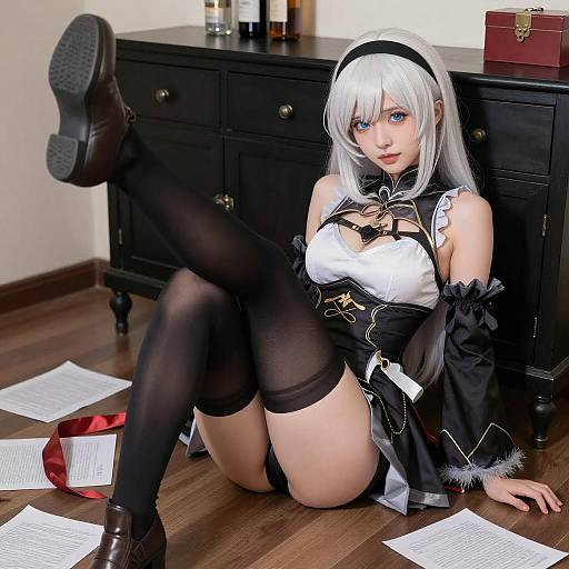 White-Haired Anime Girl Sitting Scene