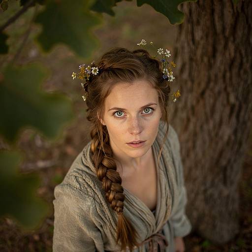 Photograph of a young woman with fair skin, green eyes, and braided brown hair adorned with small white flowers, wearing a gray, draped garment
