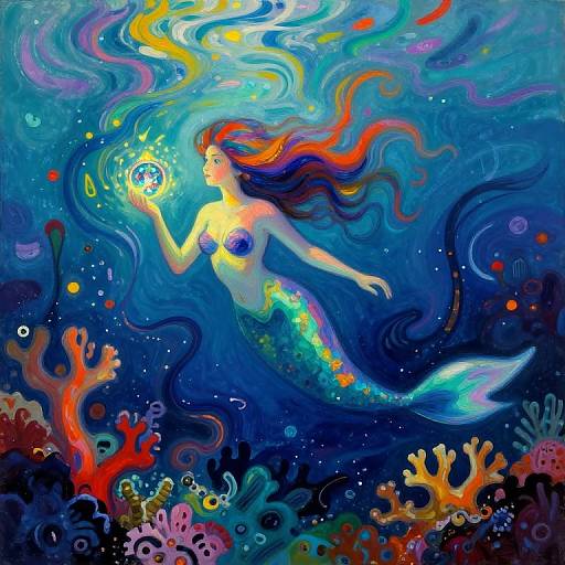 Vibrant digital painting of a mermaid with flowing red-orange hair, glowing orb, and colorful, swirling underwater scene with coral and fish.