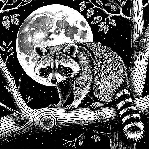 Ink Drawing of Raccoon on Tree Branch with Moon