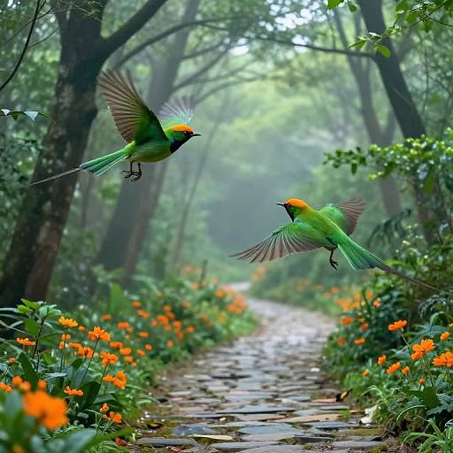 Colorful Birdlike Creatures in Misty Forest