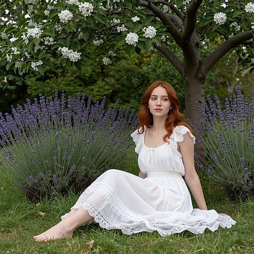 Photograph of a red-haired woman with fair skin, wearing a white lace dress, sitting on grass under a flowering tree, surrounded by lavender and green