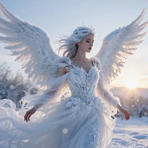 Photorealistic digital art of a fair-skinned, ethereal woman with large white feathered wings, wearing a flowing, icy blue and white gown