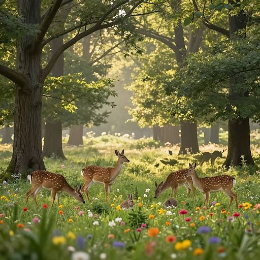 Photograph of three deer with white spots grazing in a sunlit, colorful meadow filled with wildflowers, surrounded by tall trees.