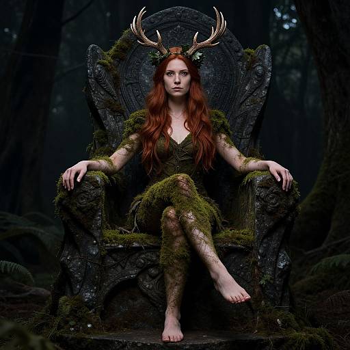 Photograph of a red-haired woman with antlers, moss-covered dark dress, seated on a mossy throne in a dark forest.
