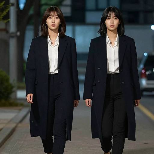 Photograph of two Asian women with straight black hair, wearing black coats and white shirts, walking on a city street at night.