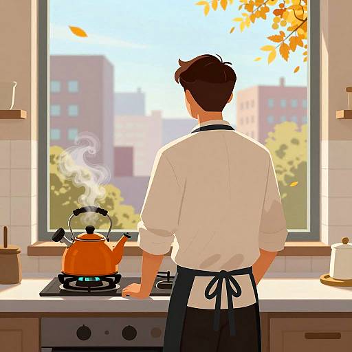 Sunny Kitchen Scene with Cityscape Outside