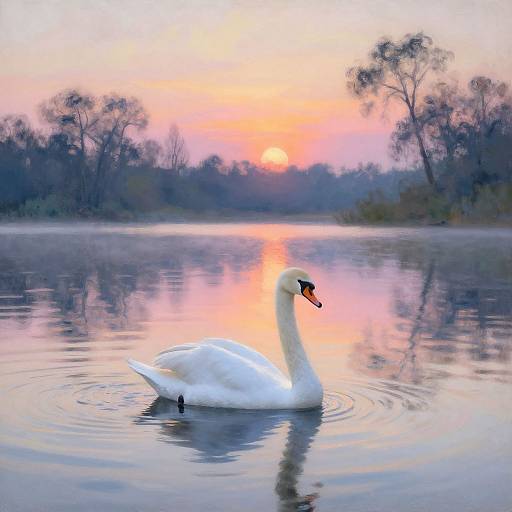 Photograph of a serene white swan gliding on a reflective lake during a pink and orange sunset, with trees in the background.