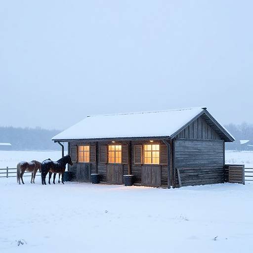 Photograph of a wooden, snow-covered cabin with glowing windows, three horses standing to the left, in a winter landscape.