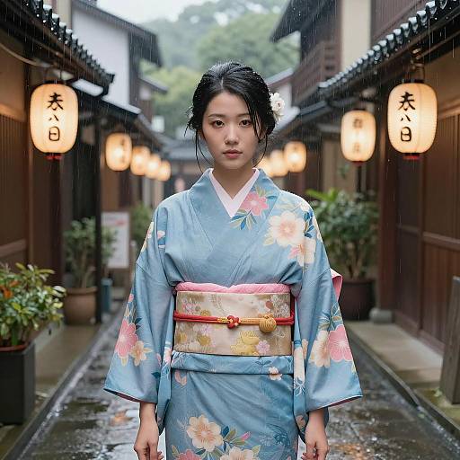 Serene Asian Woman in Rainy Alley