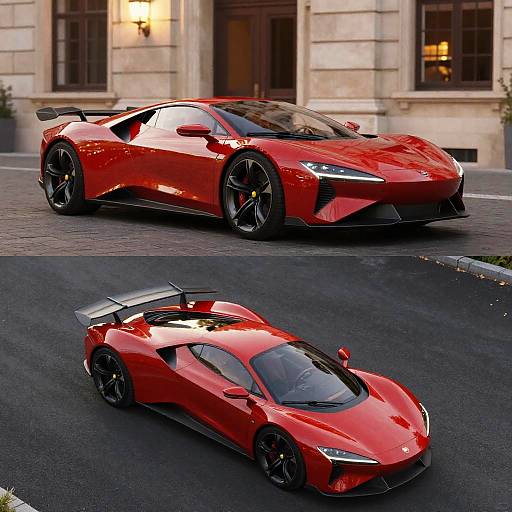 Futuristic Red Car and Flying Vehicle