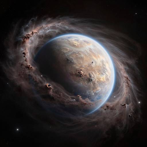 Digital artwork of a spiral galaxy with a bright, glowing core, surrounded by swirling dark clouds and scattered stars in a black space background.