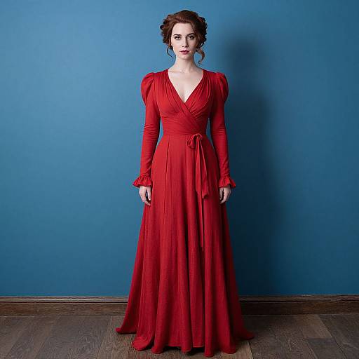 Photograph of a fair-skinned woman with dark hair in an updo, wearing a long-sleeved, red V-neck gown with a bow