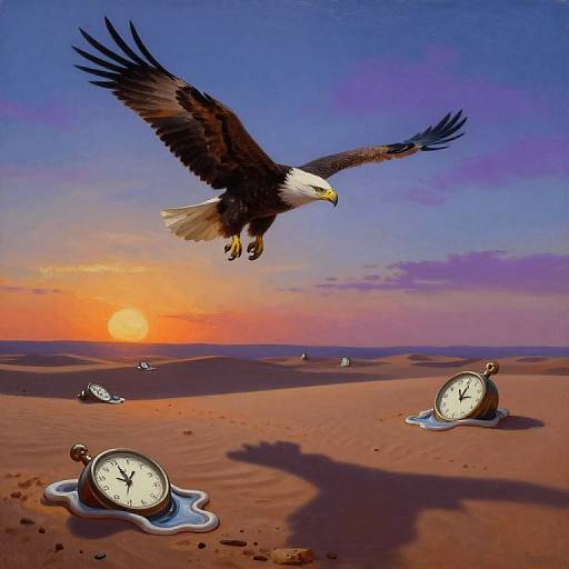 Digital artwork: A bald eagle soars over a desert with three melting clock puddles, vibrant sunset, purple and orange sky.