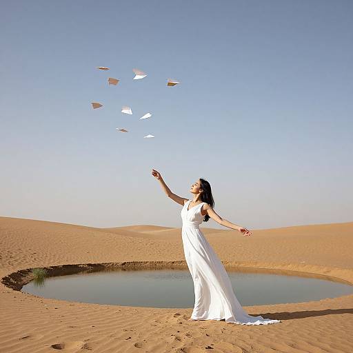 Photograph of a woman in a white dress, standing in a desert, releasing paper kites into a clear blue sky. Small oasis pool behind her