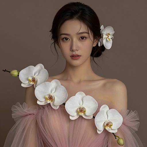 Elegant Asian Woman in Tulle Gown