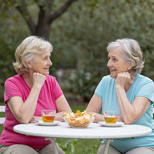 Photograph of two elderly women with short gray hair, smiling, sitting at a white outdoor table, sharing orange juice and chips. One wears pink,