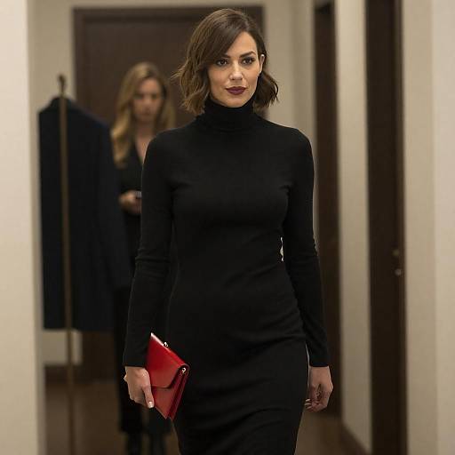 Woman in Black Turtleneck Dress with Red Clutch