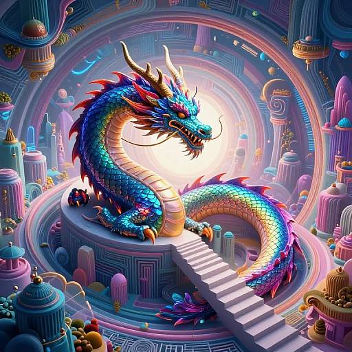 Vibrant digital illustration of a colorful, dragon with blue, red, and yellow scales, coiled on a circular pedestal, surrounded by futuristic,