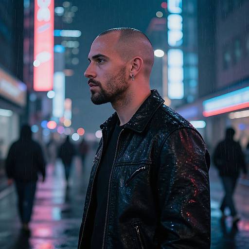 Photograph of a bald, bearded man in a black leather jacket standing in a rainy, neon-lit city street at night.
