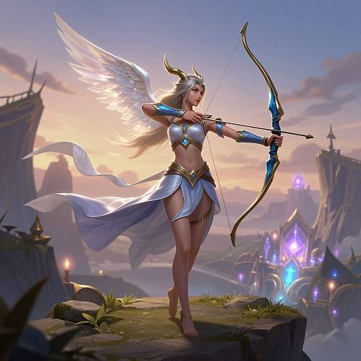 Digital artwork of a white-winged, silver-haired archer goddess in blue and silver armor, drawing a glowing bow on a rocky cliff, with a
