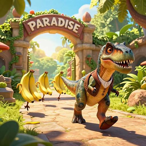 CGI image of a cartoon dinosaur in a vest, running towards a 