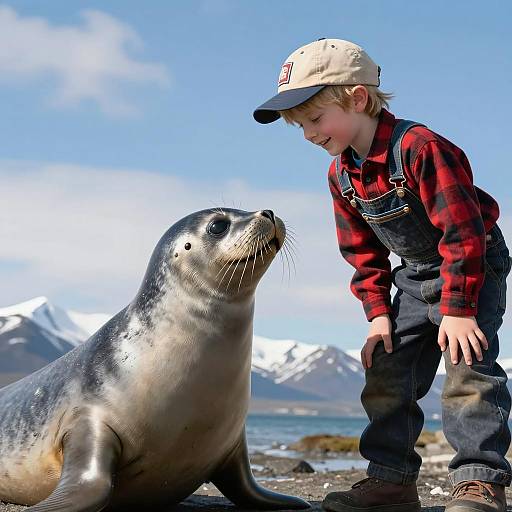 Young Boy and Seal in Nature