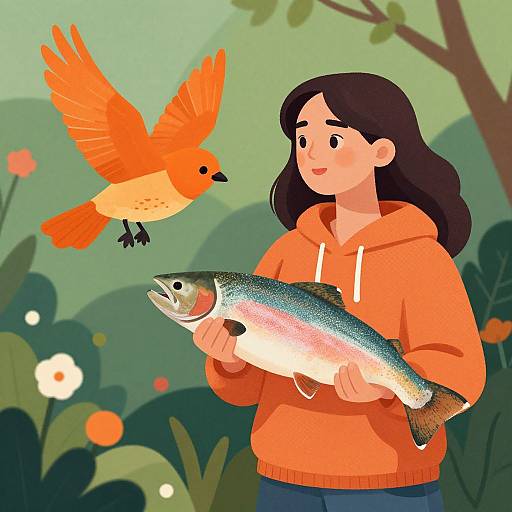 Cartoon-style illustration of a girl with dark hair in an orange hoodie holding a fish, with an orange bird flying nearby in a green, flower-filled