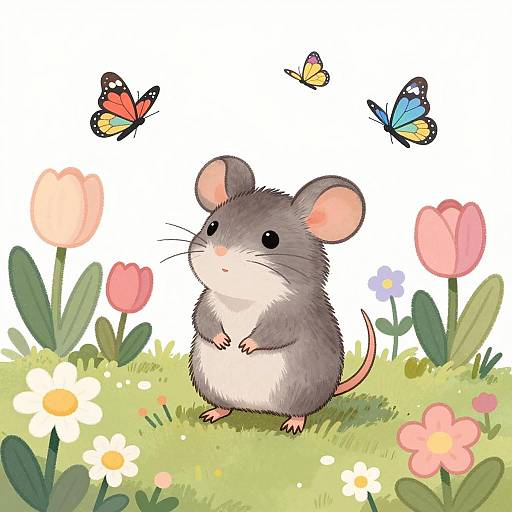 Charming Pastel Mouse in Blooming Garden