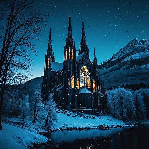 Cinematic Snowy Gothic Cathedral at Dusk