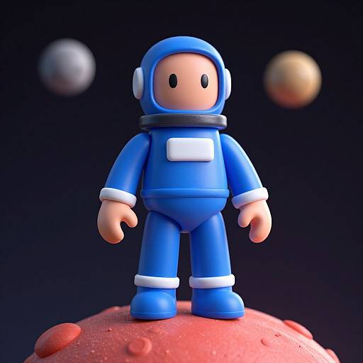 CGI cartoon astronaut with blue suit, white trim, helmet, and black eyes stands on red planet with three blurry moons.