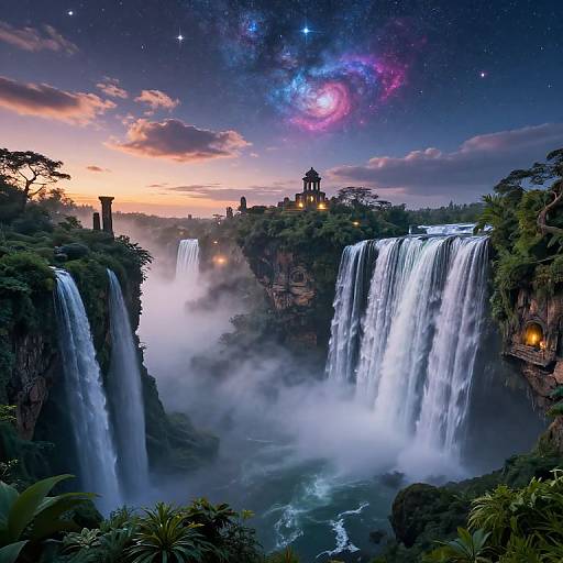 Fantastical digital artwork of a mystical waterfall city at dusk, with glowing towers, lush greenery, and a vibrant, starry night sky.