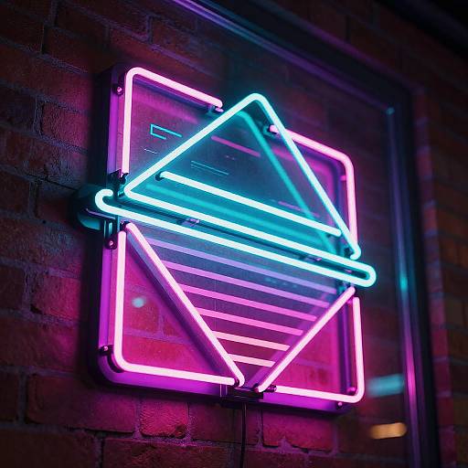 Neon sign of a diamond with diagonal lines, glowing in blue and pink, mounted on a dark brick wall.