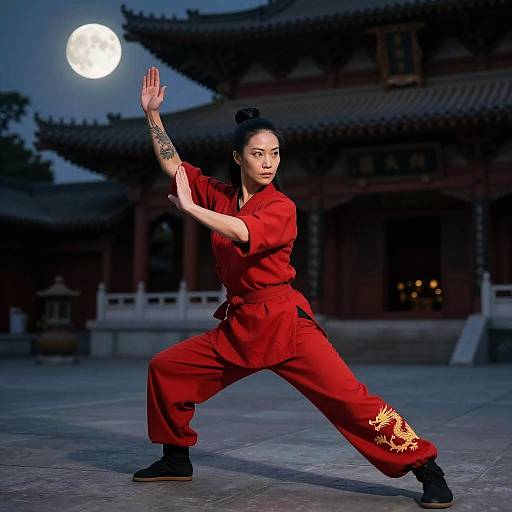 Photograph of an Asian woman in a red martial arts uniform, performing a kung fu stance at night, with a full moon and traditional Chinese temple
