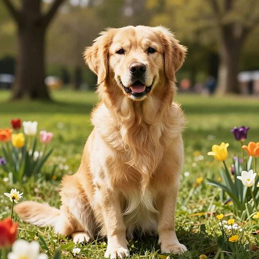 Photograph of a golden retriever sitting in a sunny, grassy park, surrounded by colorful tulips, with trees in the background.