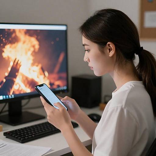 Young Woman Focused on Phone, Fiery Monitor