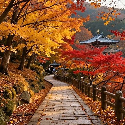 Photograph of a winding stone path through vibrant autumn foliage, leading to a traditional Japanese temple with a pagoda roof.