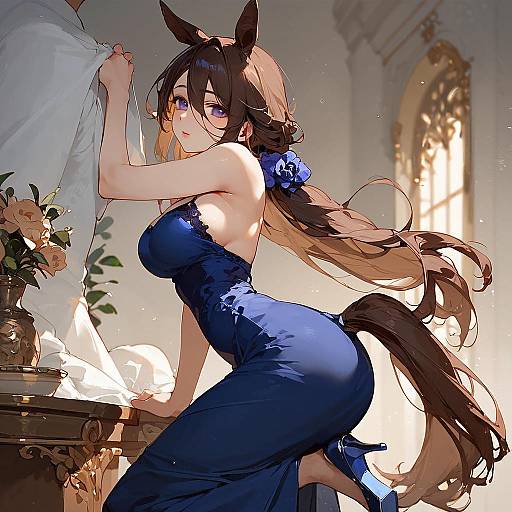 Elegant Horse-Girl in Blue Evening Gown