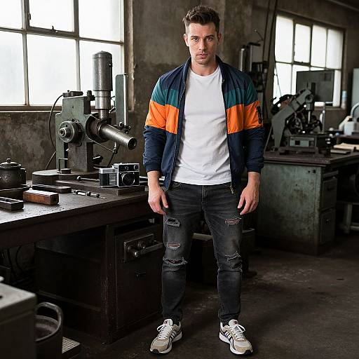 Photograph of a handsome, young Caucasian man with short brown hair, wearing a blue jacket with orange and green stripes, white t-shirt, ripped jeans