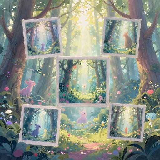 Whimsical digital painting of enchanted forest with magical creatures; six floating photo frames show different scenes of pastel-colored animals in sunlight-dappled woods