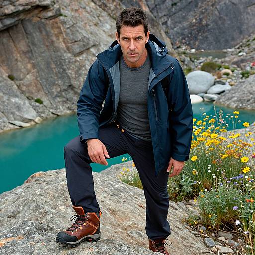 Photograph of a determined, dark-haired man in a navy jacket and gray shirt, crouching on a rocky mountain ledge with a turquoise lake and