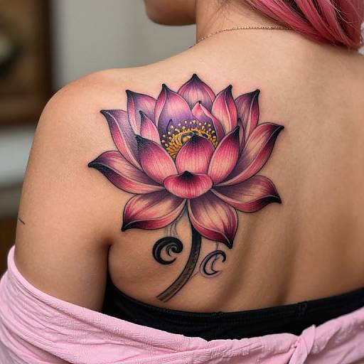 Photograph of a woman's back with a vibrant pink and purple lotus flower tattoo, black swirls, and pink shirt slipping off.