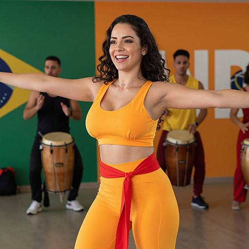 Photograph of a smiling Latina woman with curly black hair, wearing an orange sports bra and pants with a red tie, dancing with drummers in a