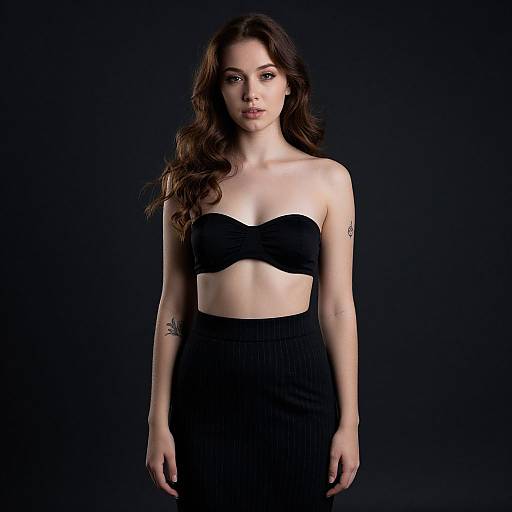 Photograph of a young woman with long, wavy brown hair, wearing a black strapless crop top and high-waisted black skirt, standing