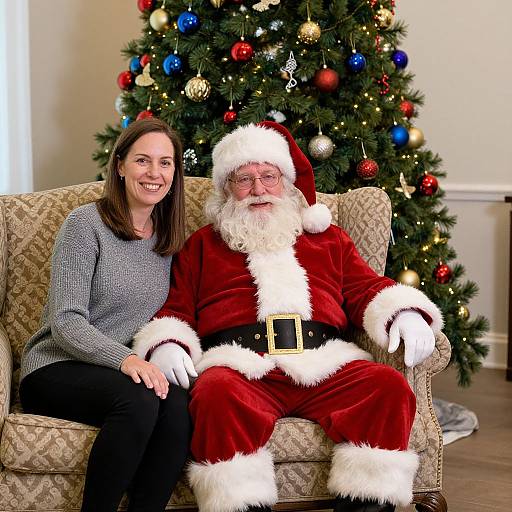 Photograph of a smiling woman in a gray sweater and black pants, seated beside a Santa Claus in a red suit, on a patterned couch,
