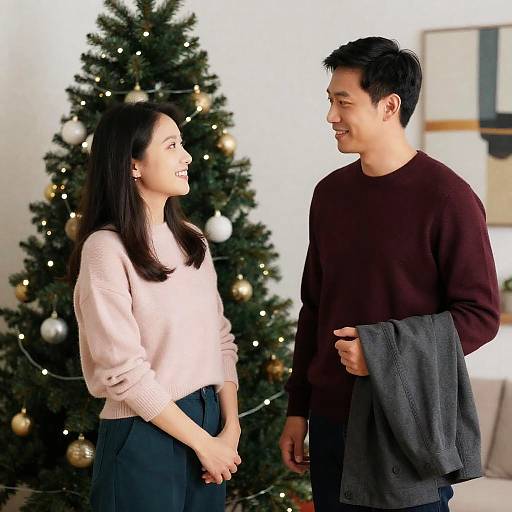 Joyful Moment Beside a Christmas Tree